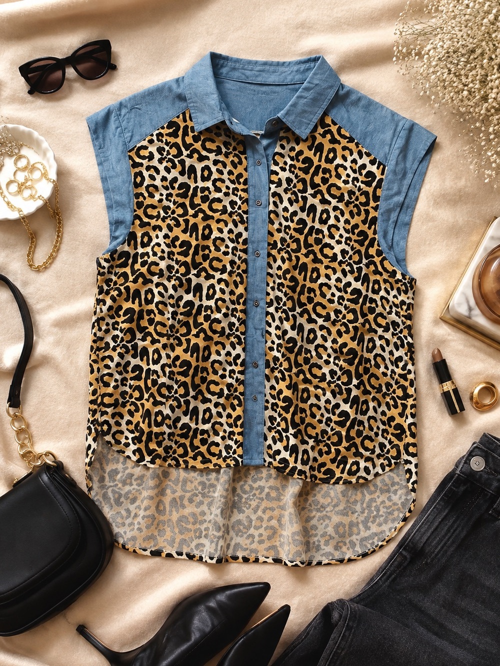 MINKPINK Nasty Gal Leopard Chambray Sleeveless Button Down Blouse Shirt S NWOT